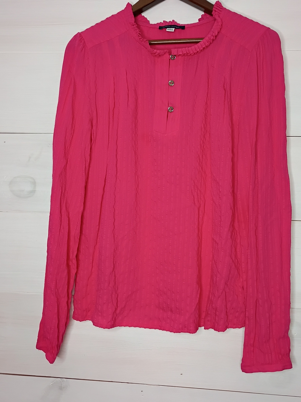 Tommy Hilfiger Hot Pink Ruffle Neck Blouse Large Chiffon Henley Top Long Sleeve